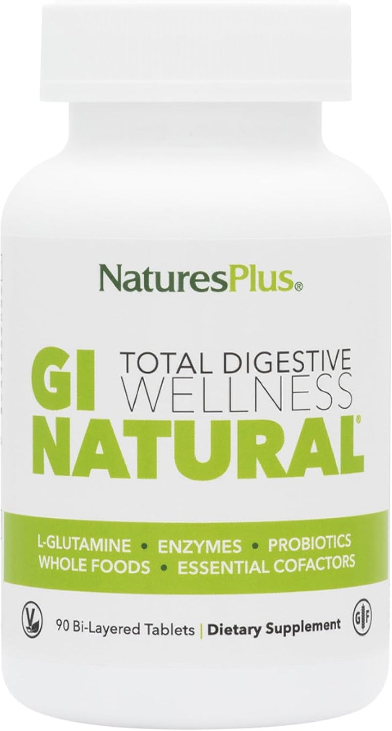 NaturesPlus GI Natural Total Digestive Wellness  90 BiLayered Tablets  With LGlutamine Probiotics Prebiotics  Enzymes  Gluten Free  30 Servings - Image 1