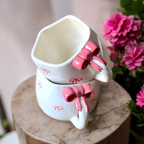 BACKKSPACE RETAIL Coffee Cup | Coffee Mugs Set of 2 Ceramic – 250ml Capacity with Unique Art | Perfect for Coffee Tea Milk | Microwave & Dishwasher Safe | Ideal for Home, Gifting (Pink Bow Handle) - Image 2