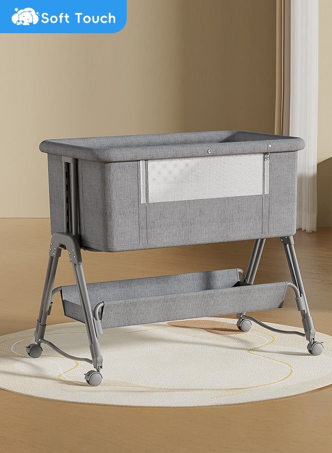 Soft Touch Baby Bedside Bassinet Toddler Bedside Crib with Wheels and Storage Basket Bedside Sleeper for Newborn Foldable Baby Crib with Mosquito Net and Adjustable Heigt for 0-3 Years Old Toddler - Image 1