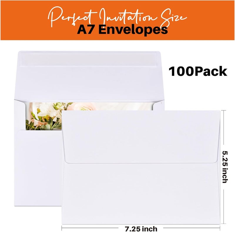 AZAZA A7 Printable White Envelopes 5x7 100 Pack Quick Self Seal,for 5x7 Cards Perfect for Weddings, Invitations, Photos, Graduation, Baby Shower 5.25 x 7.25 inches， - Image 1
