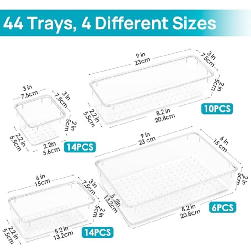 44 PCS Clear Plastic Drawer Organizers Set, 4-Size Bathroom and Vanity Organizer Trays, Non-Slip Storage Containers for Makeup, Jewelries, Bedroom, Kitchen Utensils and Office - Image 2
