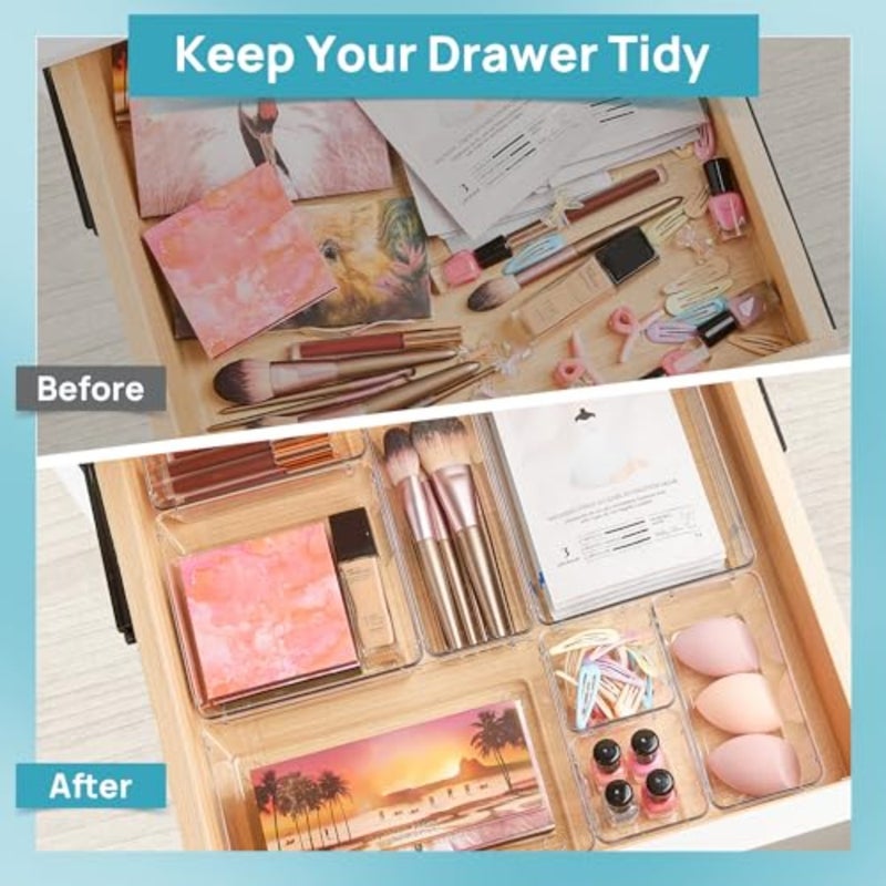 44 PCS Clear Plastic Drawer Organizers Set, 4-Size Bathroom and Vanity Organizer Trays, Non-Slip Storage Containers for Makeup, Jewelries, Bedroom, Kitchen Utensils and Office - Image 3