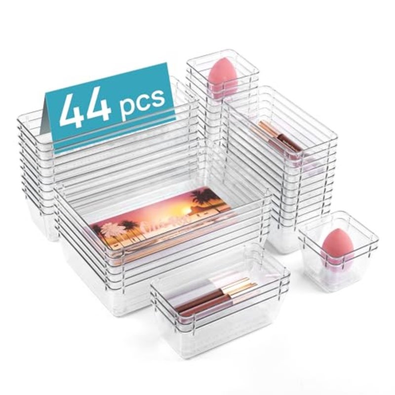 44 PCS Clear Plastic Drawer Organizers Set, 4-Size Bathroom and Vanity Organizer Trays, Non-Slip Storage Containers for Makeup, Jewelries, Bedroom, Kitchen Utensils and Office - Image 1