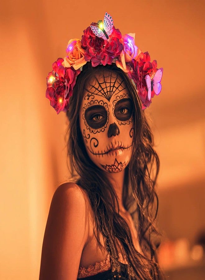 Aiosy Light Up Rose Flower Headbands Mexican Day of The Dead Floral Crown Headband Halloween Costume Headpiece for Women (Red Orange) - Image 5