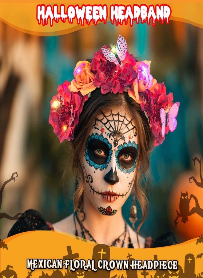 Aiosy Light Up Rose Flower Headbands Mexican Day of The Dead Floral Crown Headband Halloween Costume Headpiece for Women (Red Orange) - Image 3