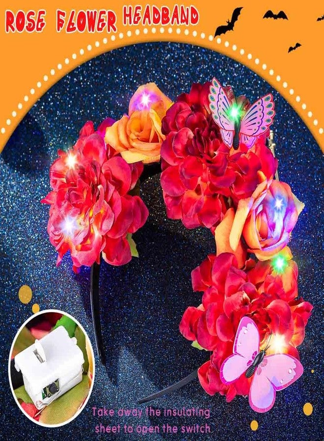 Aiosy Light Up Rose Flower Headbands Mexican Day of The Dead Floral Crown Headband Halloween Costume Headpiece for Women (Red Orange) - Image 2