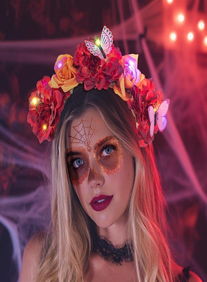 Aiosy Light Up Rose Flower Headbands Mexican Day of The Dead Floral Crown Headband Halloween Costume Headpiece for Women (Red Orange) - Image 4