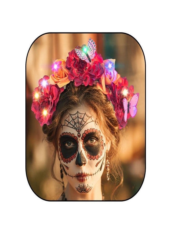 Aiosy Light Up Rose Flower Headbands Mexican Day of The Dead Floral Crown Headband Halloween Costume Headpiece for Women (Red Orange) - Image 1