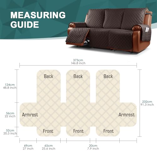 Ruaozz Waterproof Recliner Sofa Cover 1-Piece Couch Covers for Reclining Couches Reclining Sofa Cover Washable Furniture Protector with Elastic Straps Pocket for Kids, Pets (Chocolate, 3 Seater) - Image 2