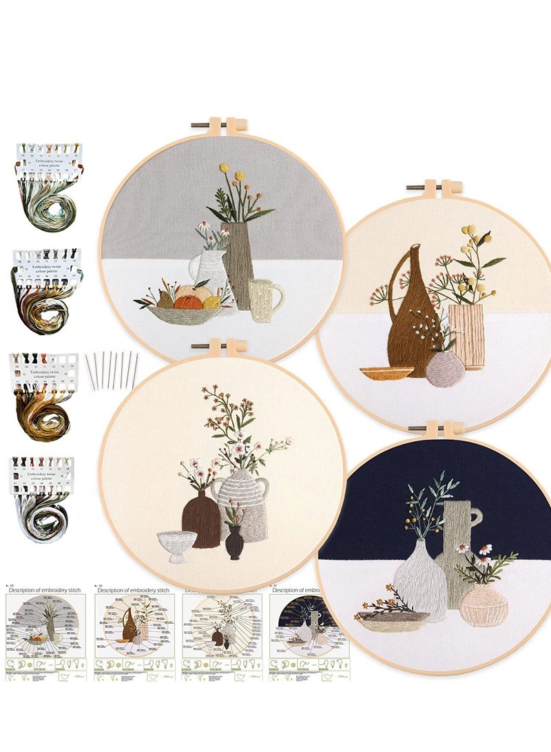 Excefore Embroidery Starter Kits for Adults Beginners with Wooden Hoops, Needles and Color Threads, Needlepoint Kit Adults, 4 Pack  - Image 1