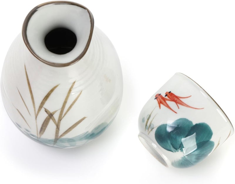 Tebery 5 Pieces Ceramic Japanese Sake Set Soju Tea Set, Porcelain Sake Tokkuri Bottle 8 fl oz and 2 fl oz Sake Ochoko Cups - Image 3