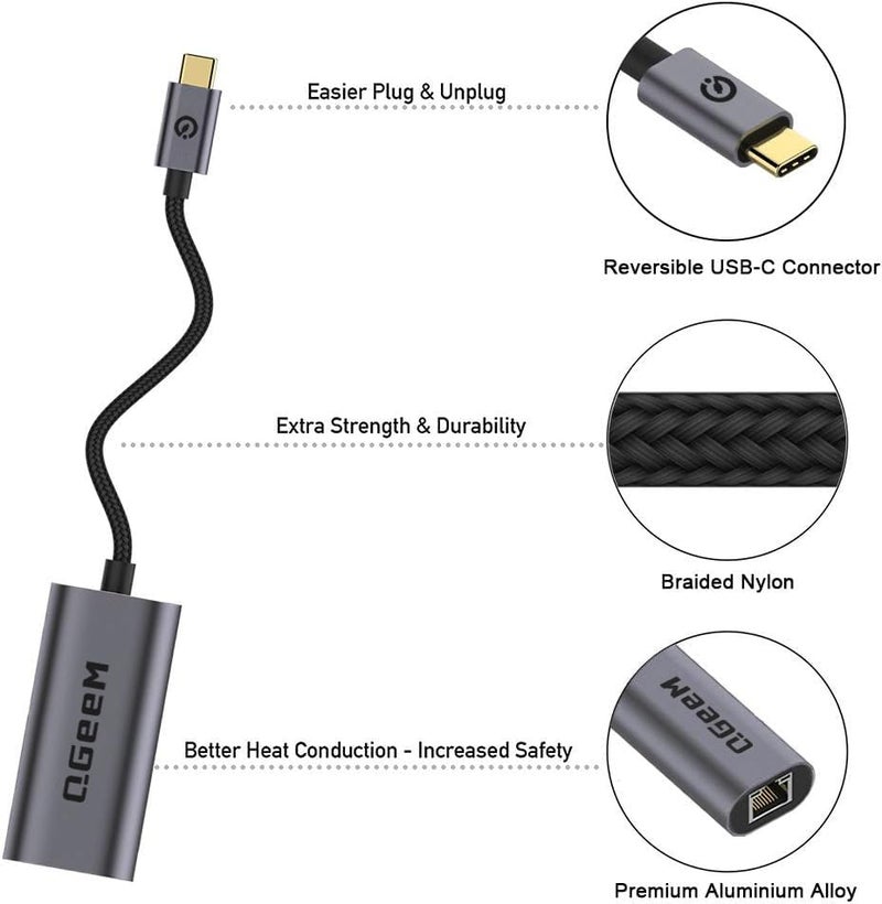 QGeeM USB C to Ethernet Adapter, QGeeM Gigabit Ethernet to USB Type C, Thunderbolt 3/4 to RJ45 LAN Network Adapter Compatible for iPhone 15 Pro/max, MacBook Pro/Air, iPad Pro, Dell XPS etc-Classic Gray - Image 2