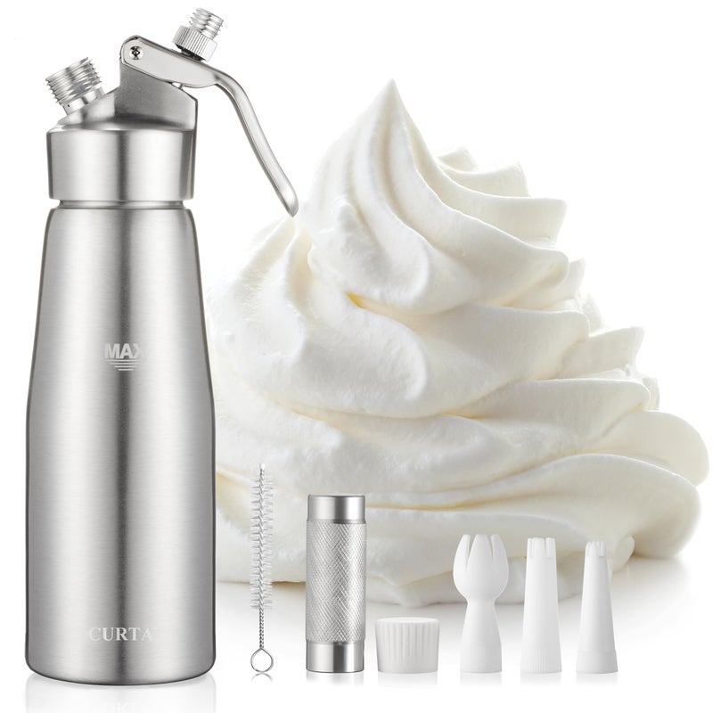 CURTA Professional Whipped Cream Dispenser Premium Aluminium Cream Whipper Cream Maker with 3 Decorating Tips 500ml 1 Pint Canister N2O Chargers Not Included