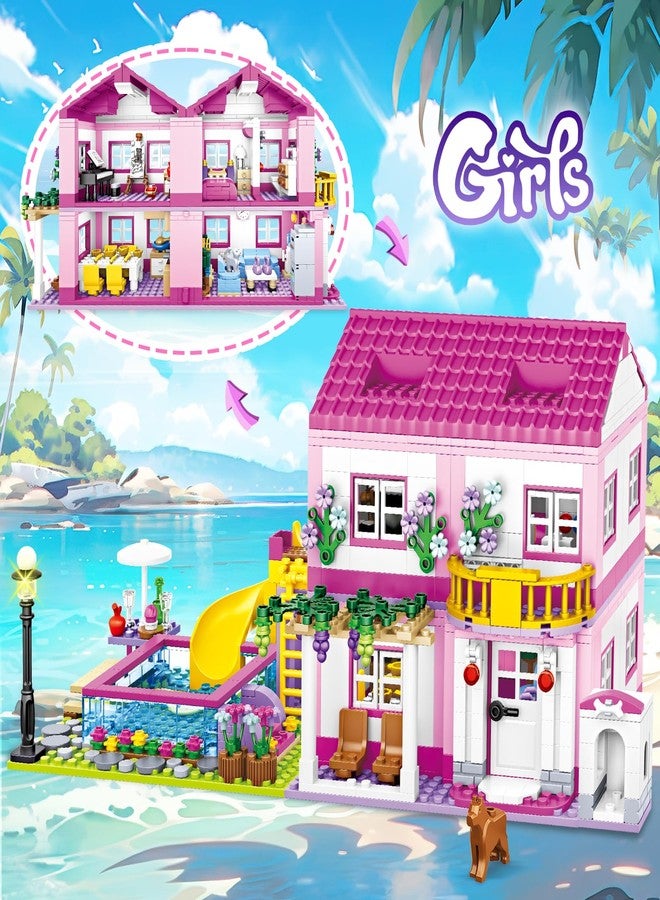 HSANHE Pink Girls Summer Villa Friends Building Set Compatible with Lego Friends Construction Educational Toy for Kids Age 8-12 and Up 1018 PCS - Image 3