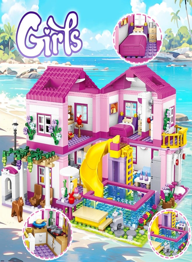 HSANHE Pink Girls Summer Villa Friends Building Set Compatible with Lego Friends Construction Educational Toy for Kids Age 8-12 and Up 1018 PCS - Image 2