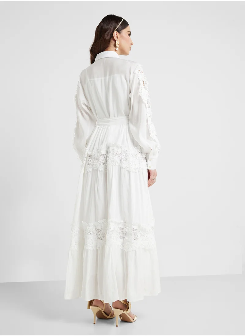 Khizana Tiered A-Line Dress With Lace Trims