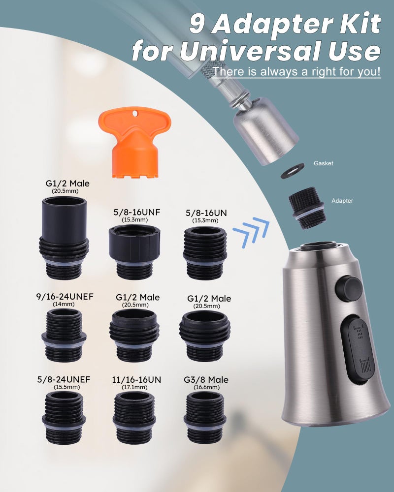 WOWOW Kitchen Faucet Head Replacement, 3 Function Pull Down Faucet Sprayer Head with 9 Adapters, Brushed Nickel Kitchen Sprayer Nozzle Compatible with Moen, Delta, Kohler Faucets - Image 3