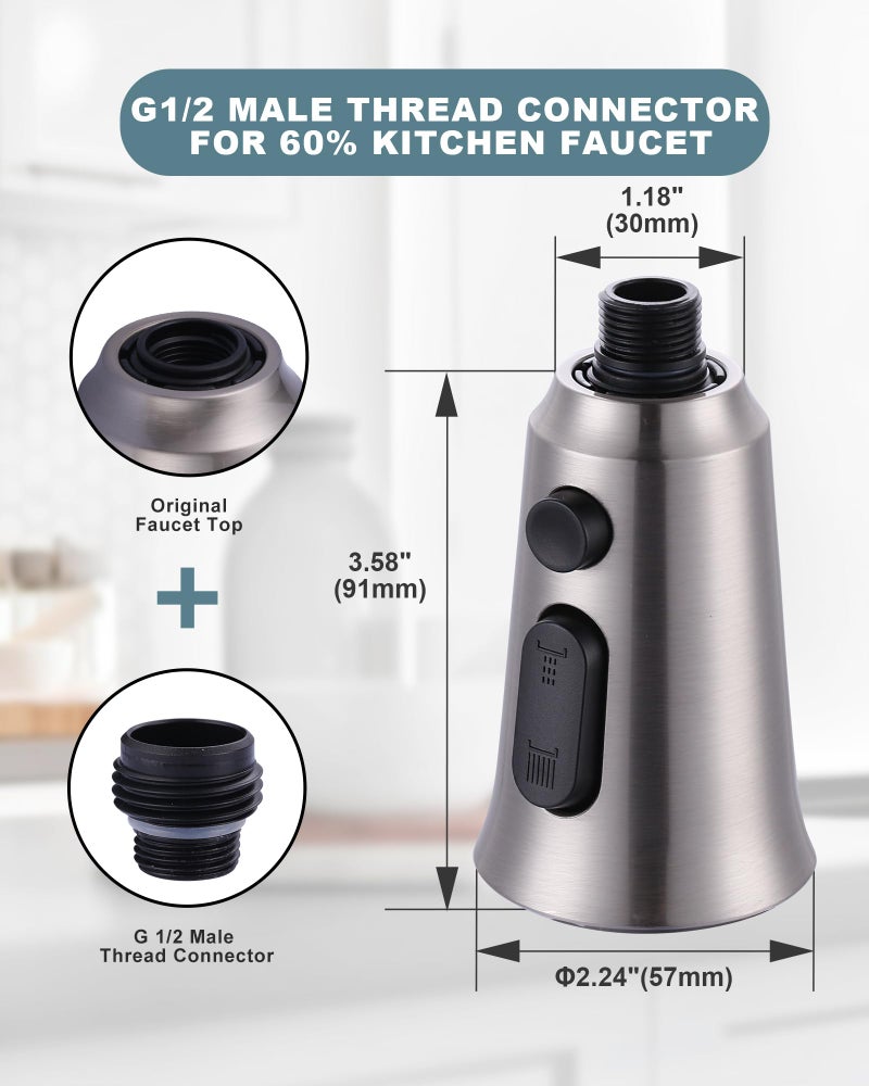 WOWOW Kitchen Faucet Head Replacement, 3 Function Pull Down Faucet Sprayer Head with 9 Adapters, Brushed Nickel Kitchen Sprayer Nozzle Compatible with Moen, Delta, Kohler Faucets - Image 5