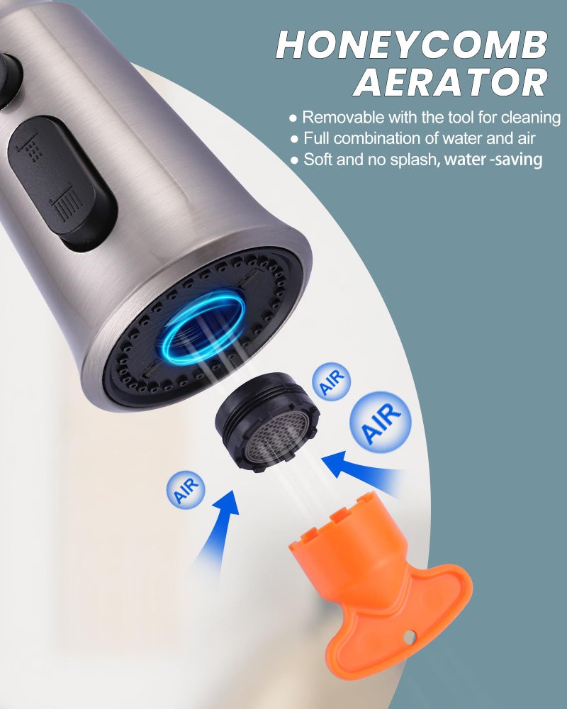 WOWOW Kitchen Faucet Head Replacement, 3 Function Pull Down Faucet Sprayer Head with 9 Adapters, Brushed Nickel Kitchen Sprayer Nozzle Compatible with Moen, Delta, Kohler Faucets - Image 4