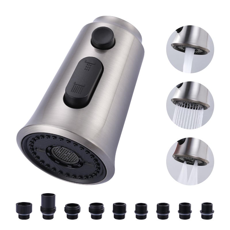 WOWOW Kitchen Faucet Head Replacement, 3 Function Pull Down Faucet Sprayer Head with 9 Adapters, Brushed Nickel Kitchen Sprayer Nozzle Compatible with Moen, Delta, Kohler Faucets - Image 1