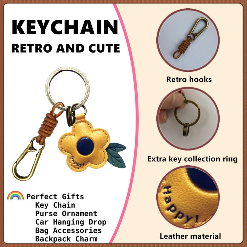 ZOUITY Leather Leaf Fruit Keychain Retro Accessories,Cute Keychains for Women Wallet Bag,Purse Keyring Holder,Women's Key Organizer and Keychains Pendant Charms(Flower-Yellow) - Image 4