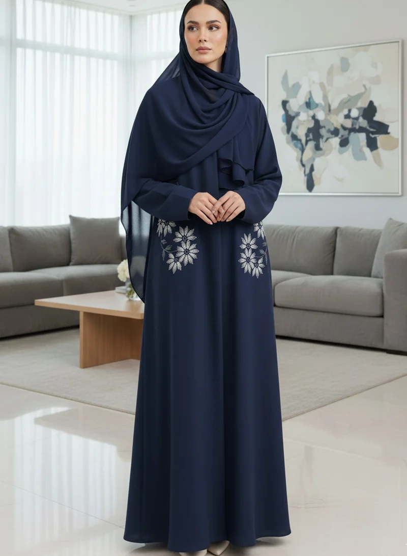 MSquare Fashion Handmade Floral Embroidered Navy Blue Abaya