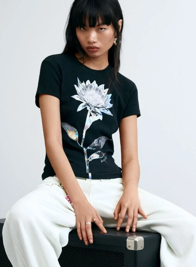 Desigual Black Floral Print T-Shirt for Women | Best Price UAE