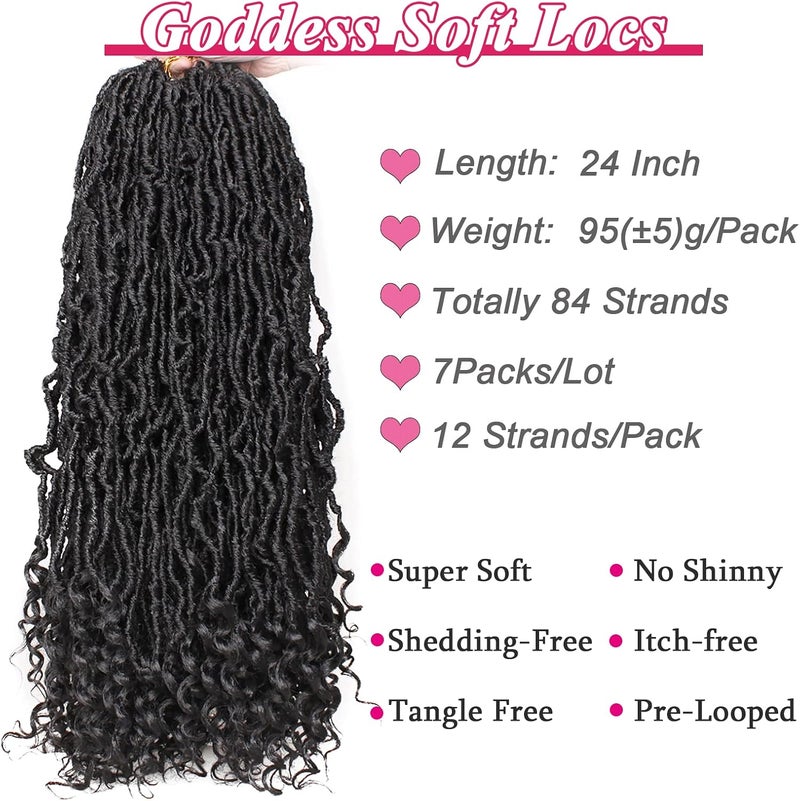 Leeven 24 Inch Goddess New Faux Locs Crochet Hair 7 Packs Long Soft Locs Crochet Braids Hair With Curly Ends Natural Black Synthetic Bohemian Locs Braiding Hair for Women 12 Strands/Pack 1B# - Image 3