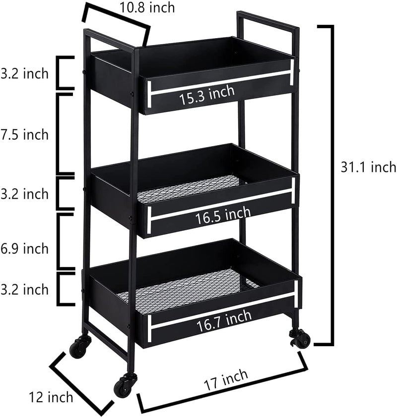 Generic Indian Decor 46929 Space Saving 3Tier Rolling Metal Storage Organizer Mobile Utility Cart Kitchen Cart with Caster Wheels Black  - Image 2