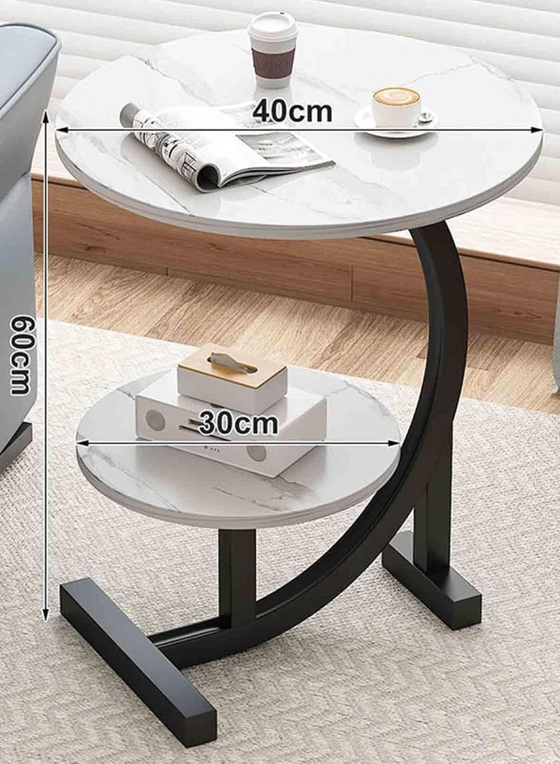 Decorhills Side Table, Small End Table, Tall Nightstand for Living Room, Manual Assembly Required, Bedroom, Bedside, Office, Bathroom, C-Shaped Double Layer Sofa Table with Metal Frame for Small Space - White - Image 2