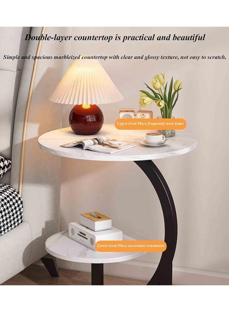 Decorhills Side Table, Small End Table, Tall Nightstand for Living Room, Manual Assembly Required, Bedroom, Bedside, Office, Bathroom, C-Shaped Double Layer Sofa Table with Metal Frame for Small Space - White - Image 3
