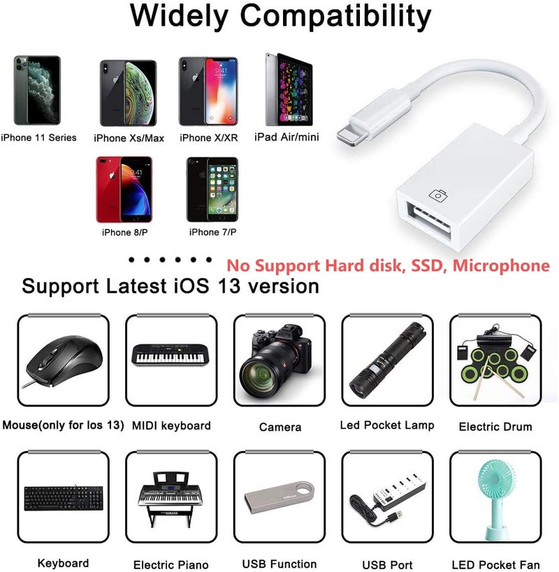 Cirafon Apple MFi Certified Lightning to USB Camera Adapter for iPhone iPad Female USB 3.0 OTG Cable Adapter Support Connect Camera, Flash Drive, Card Reader, MIDI Keyboard, Mouse - Image 2