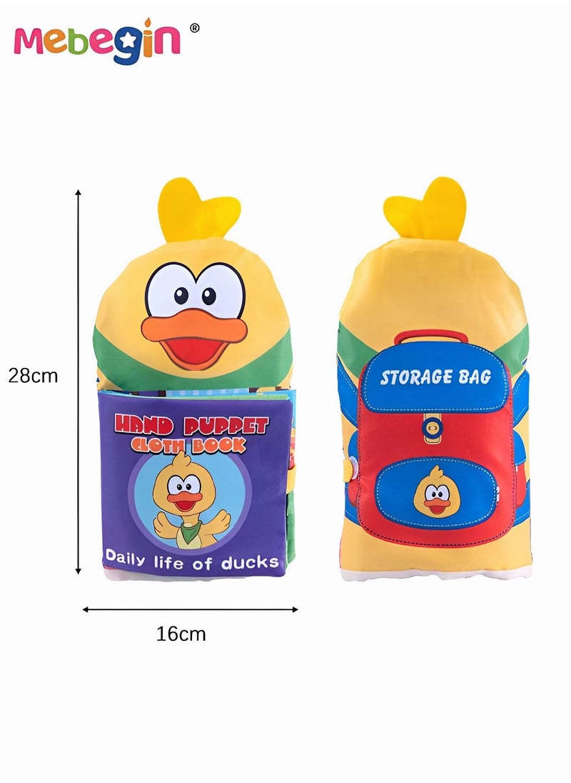 MEBEGIN - Duck Character Hand Puppet Cloth Book, Colourful Comfort Toy Cloth Book, Baby Animal Tail Silent Cloth Book, Yellow Duck Role-play Toys, Early Education Activity Crinkle Busy Book for Toddlers, Made of Soft Comfortable Cloth Materials - Image 1