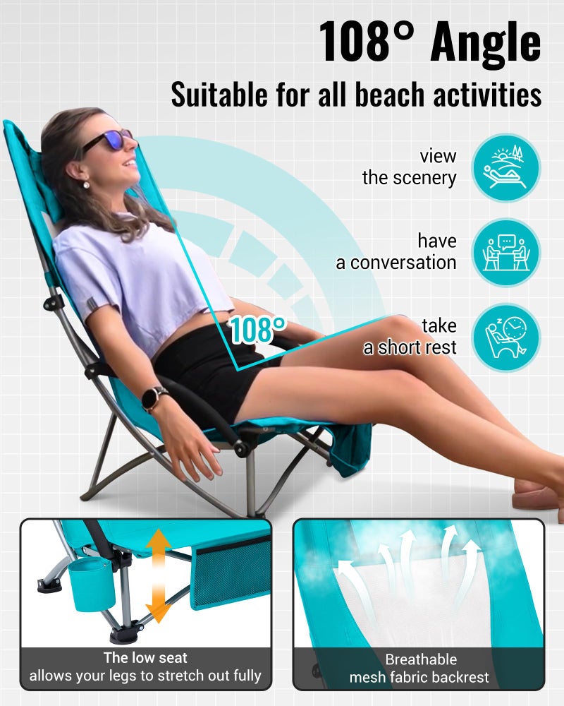 KingCamp Low Beach Chair, Folding Portable Chairs for Adults lightweight Extra Wide Ergonomic High Mesh Back Seat 300lbs Heavy Duty Oversized Gear with Carry Bag for Outdoor Lawn Camping Picnic - Image 3