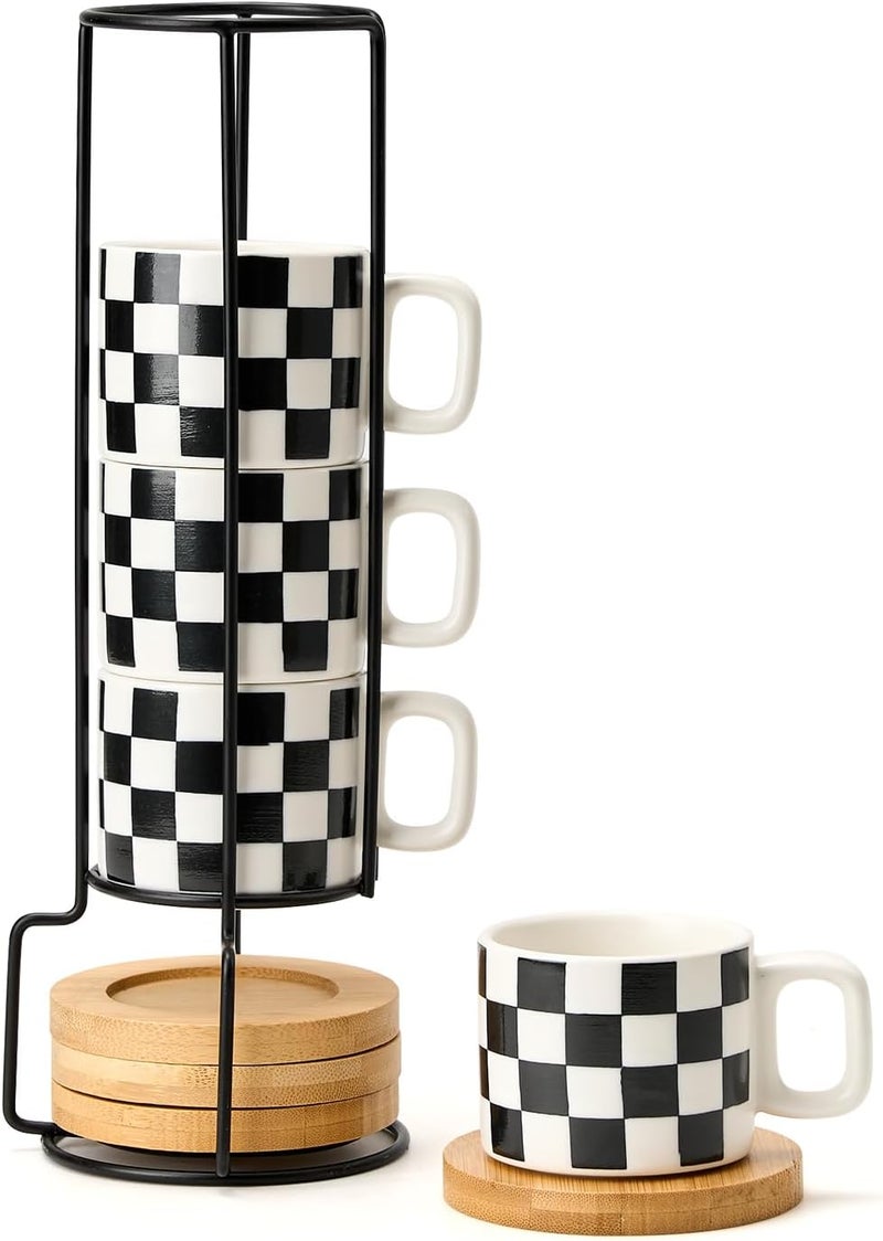 LUKA Porcelain Stackable Black and White Checkered Espresso Cups with Saucers and Metal Stand, 4 Ounce Small Ceramic Demitasse Cups Set for Coffee Drinks, Latte, Tea - Set of 4, White Interior - Image 1