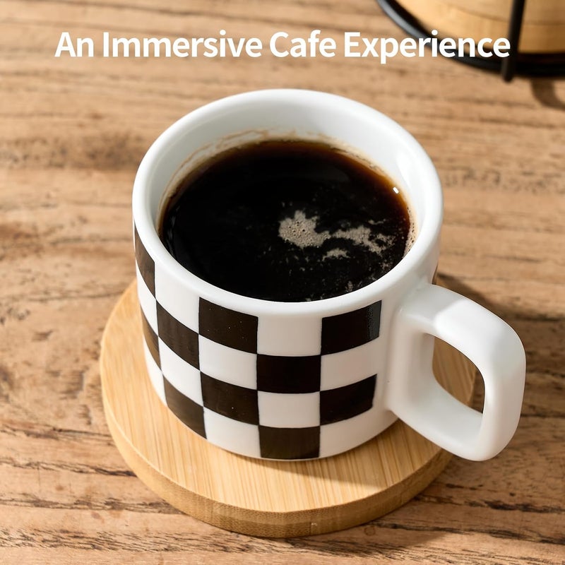 LUKA Porcelain Stackable Black and White Checkered Espresso Cups with Saucers and Metal Stand, 4 Ounce Small Ceramic Demitasse Cups Set for Coffee Drinks, Latte, Tea - Set of 4, White Interior - Image 3