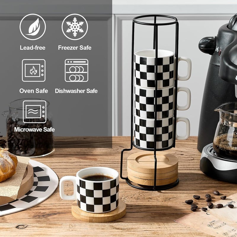LUKA Porcelain Stackable Black and White Checkered Espresso Cups with Saucers and Metal Stand, 4 Ounce Small Ceramic Demitasse Cups Set for Coffee Drinks, Latte, Tea - Set of 4, White Interior - Image 4