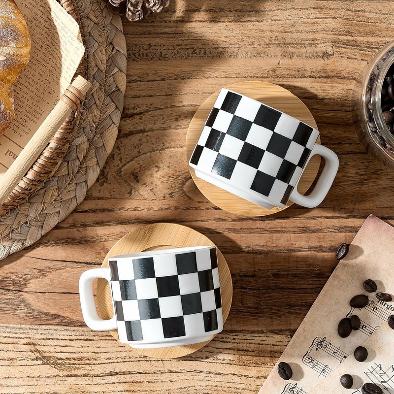 LUKA Porcelain Stackable Black and White Checkered Espresso Cups with Saucers and Metal Stand, 4 Ounce Small Ceramic Demitasse Cups Set for Coffee Drinks, Latte, Tea - Set of 4, White Interior - Image 5