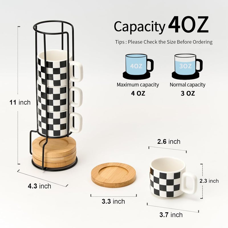 LUKA Porcelain Stackable Black and White Checkered Espresso Cups with Saucers and Metal Stand, 4 Ounce Small Ceramic Demitasse Cups Set for Coffee Drinks, Latte, Tea - Set of 4, White Interior - Image 2