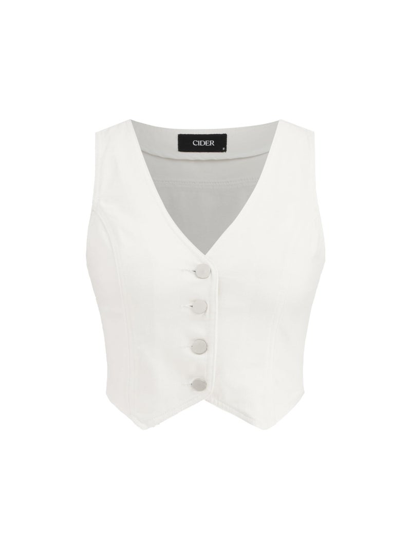 CIDER Women's Denim Vest V Neck Sleeveless Crop Vest Button Down Casual Tops Trendy White - Image 1