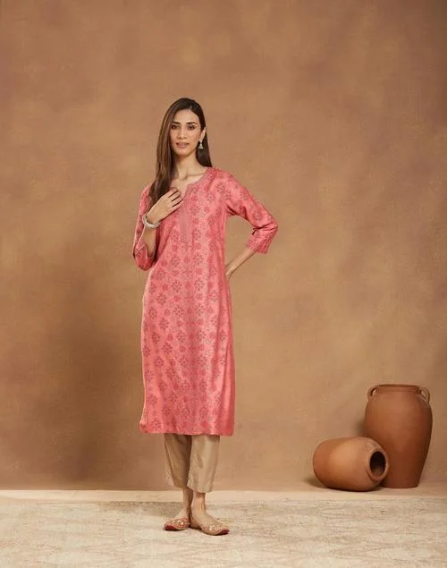 Fabindia Pink Viscose Silk Printed Long Kurta