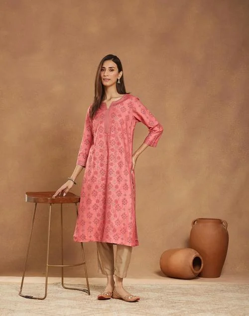 Fabindia Pink Viscose Silk Printed Long Kurta