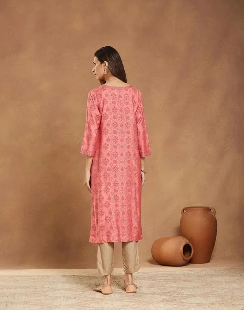 Fabindia Pink Viscose Silk Printed Long Kurta
