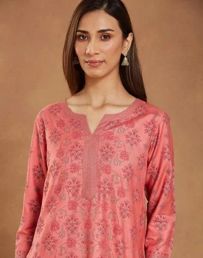 Fabindia Pink Viscose Silk Printed Long Kurta