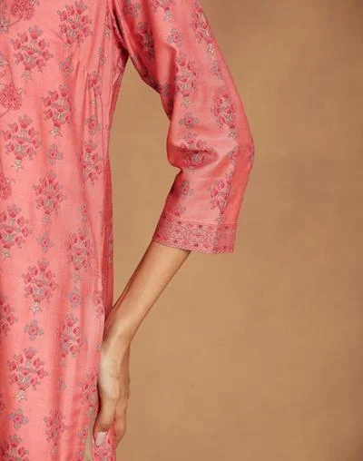 Fabindia Pink Viscose Silk Printed Long Kurta