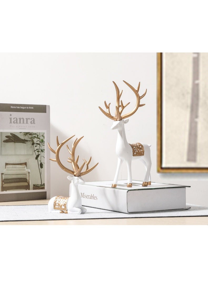2-Piece Decorative Reindeer Figurines Set with Golden Antlers, White and Gold - Image 1