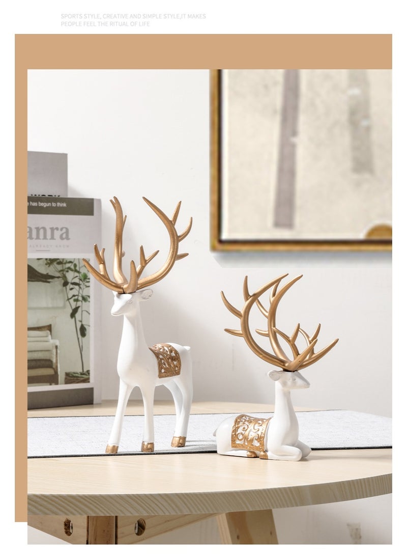 2-Piece Decorative Reindeer Figurines Set with Golden Antlers, White and Gold - Image 2