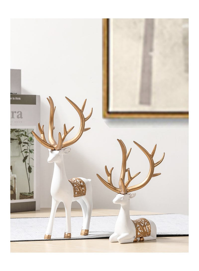 2-Piece Decorative Reindeer Figurines Set with Golden Antlers, White and Gold - Image 3