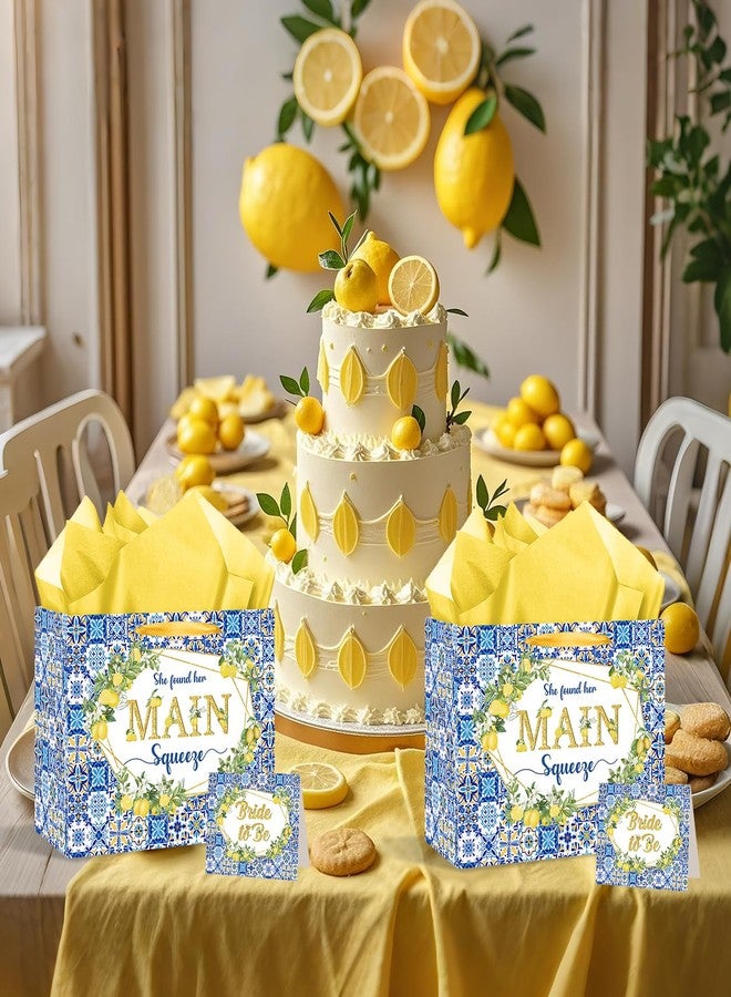 LUUFILx Capri Lemon Bridal Shower Gift Bags She Found Her Main Squeeze Party Favors Bags with Tissue Paper Greeting Card Blue Tiles Yellow Lemon Paper Bag for Lemon Bridal Shower Engagement Party Decorations - Image 3