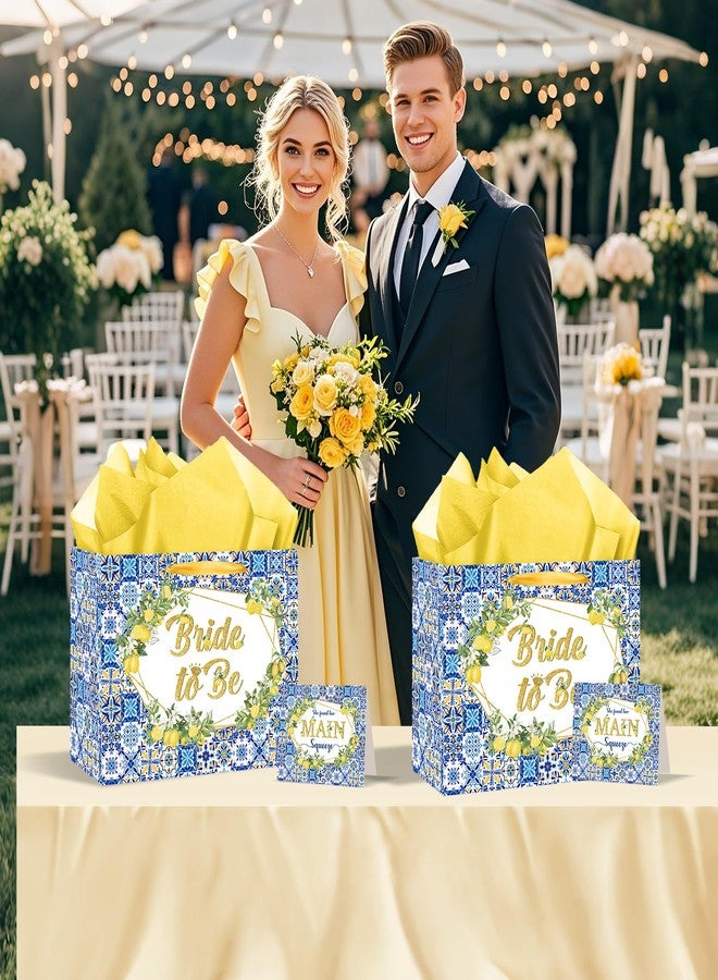 LUUFILx Capri Lemon Bridal Shower Gift Bags She Found Her Main Squeeze Party Favors Bags with Tissue Paper Greeting Card Blue Tiles Yellow Lemon Paper Bag for Lemon Bridal Shower Engagement Party Decorations - Image 5
